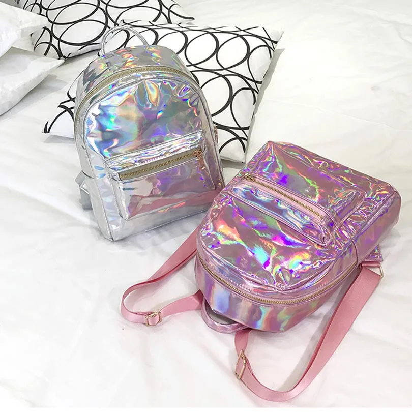 

Silver Gold Laser Backpack women girls Bag leather Holographic Backpack school bags for teenage girls Transparent Rucksacks