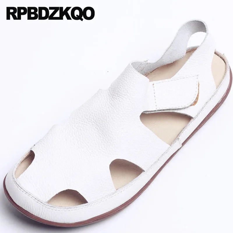

Black Round Toe Designer Shoes China Large Size Sandals Latest White Flats Hollow Out Breathable Genuine Leather Women Slingback