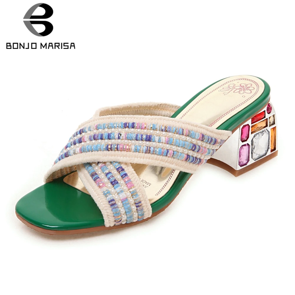 

BONJOMARISA New Ladies Daily Casual Mules Women 2019 Summer Plus Size 33-46 High Heels Slippers Women Shoes Woman Glitters