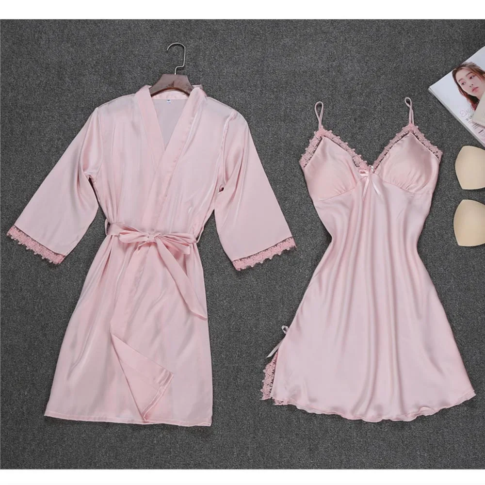 New Women Ladies Sexy Silk Satin Dress Bathrobe Nightgown Sets Lace Kimono Pajamas Lingerie Sleepwear chemise de nuit femme