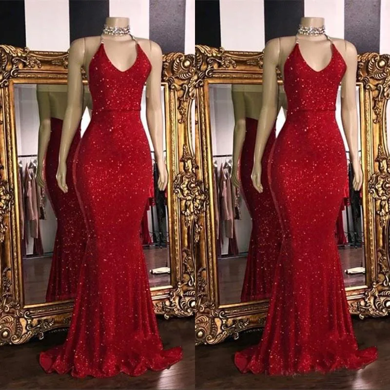 2019 красные сверкающие платья для выпускного вечера со стразами платье годе с лямкой на шее с открытой спиной развертки Поезд Формальные