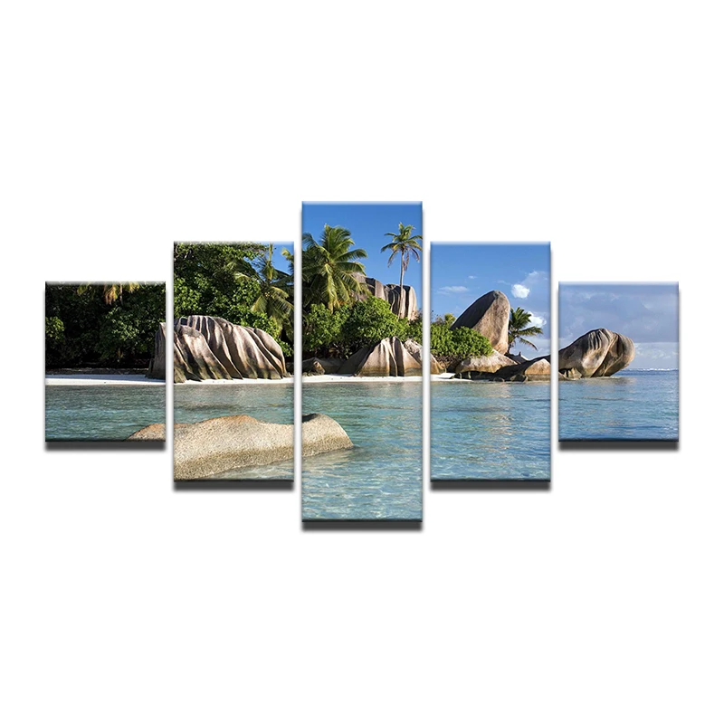 Living Room Home Decor Wall Art Picture Printed Azure Sky Ocean White Clouds Coconut Tree Stone Painting On Canvas | Дом и сад