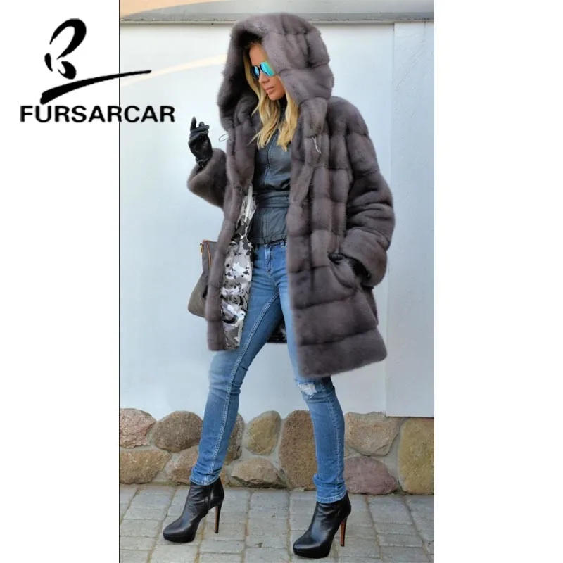 FURSARCAR 2018 Элитная норки пальто Для женщин полным ходом теплая плотная куртка с большим меховым капюшоном Женская зимняя обувь норковая шуба