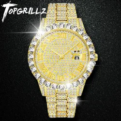 TOPGRILLZ Men Watch Gold Plated Mens Watches Top Brand Luxury Bracelet Stainless Steel Quartz Wristwatch Business Clock