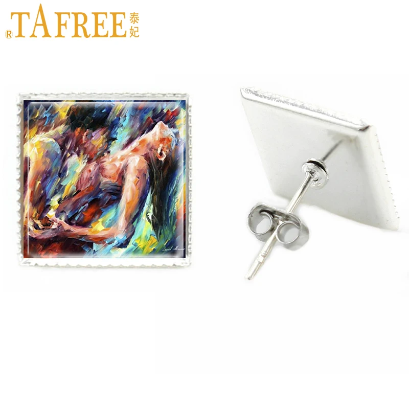 

TAFREE new novelty painting square stud earrings silver plated stud earrings for women flower bijoux fashion jewelry E571