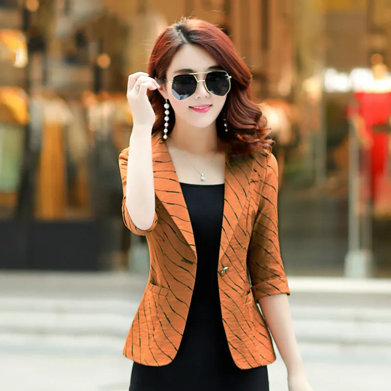 

2019 fashion striped women's suit jacket casual striped suit jacket slim seven-point sleeve suit jacket female casual jacket