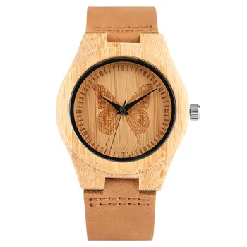 

Minimalist Wood Watch Women Bamboo Butterfly Carving Natural Wooden Novel Quartz Modern Genuine Leather Band Ladies Wristwatches