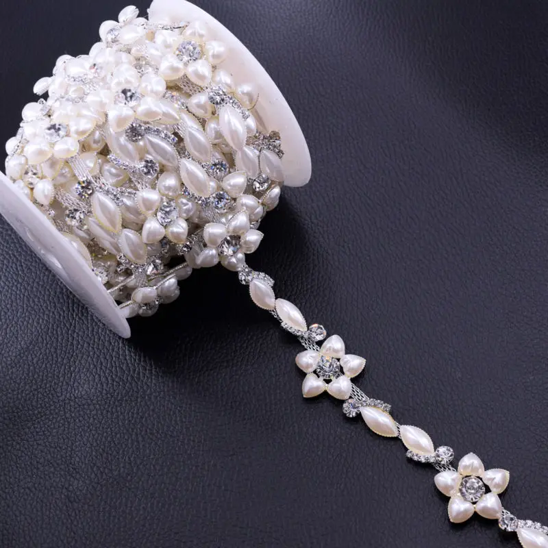 DIY 5Yards Exquiste Flower Pearl Rhinestone trim Sew on Appliques for bridal belt Dress