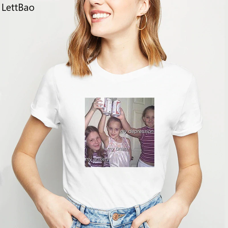 

My Depression My Brain My Anxiety Letter Tshirt Femme Spoof Streetwear Harajuku Funny White T Shirt Casual Women Summer Tops Tee