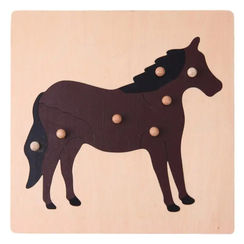 Baby Early Educational Wooden Horse Puzzle Animal Panels Children Teaching Aids Wood Jigsaw Toy with Grasp Holder | Игрушки и хобби