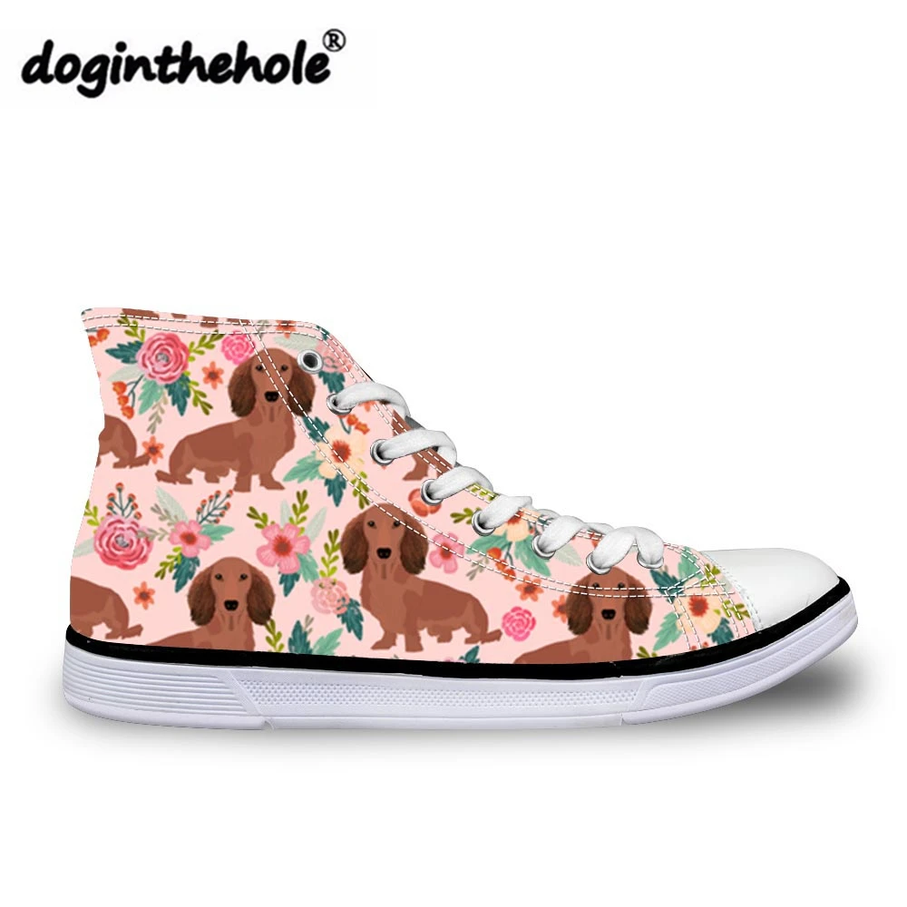 

doginthehole Women Classic Canvas Shoes Doxie Dog Printing Vulcanized Shoes for Teenager Girls High Top Sneakers Zapatos Mujer