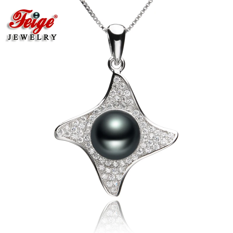 

FEIGE Star-shaped Real 925 Sterling Silver Pearl Necklaces & Pendants 8-9mm Black Freshwater Pearl Fine Jewelry For Women's
