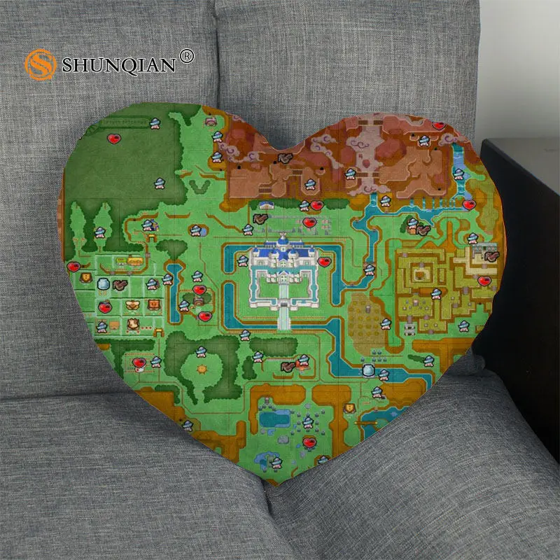 

New Arrival Custom The Legend Of Zelda Map Heart Shape Pillow Cover Zipper Pillowcase Cover Size 41x36cm,47x42cm Christmas Gift