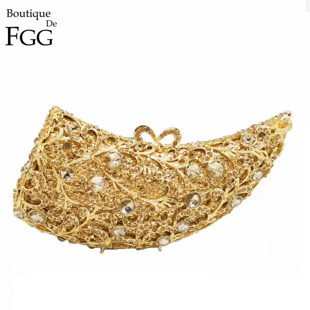 

Boutique De FGG Golden Rhinoceros Horn Women Minaudiere Handbag Hollow Crystal Evening Bags Wedding Party Diamond Clutch Purse