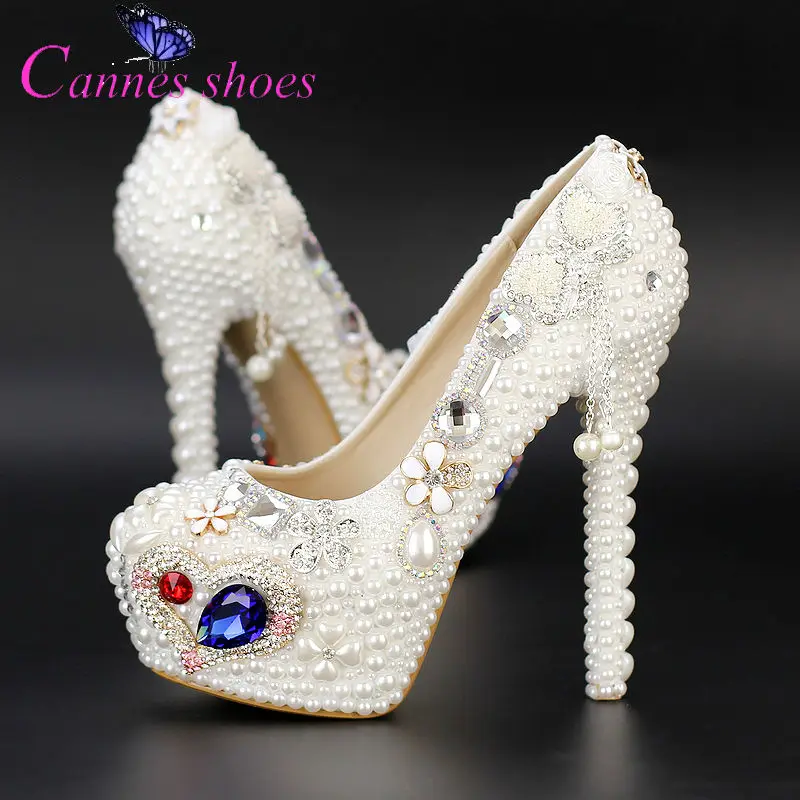 Pearl blue crystal bridal shoes ultra high heels thin heels pearl