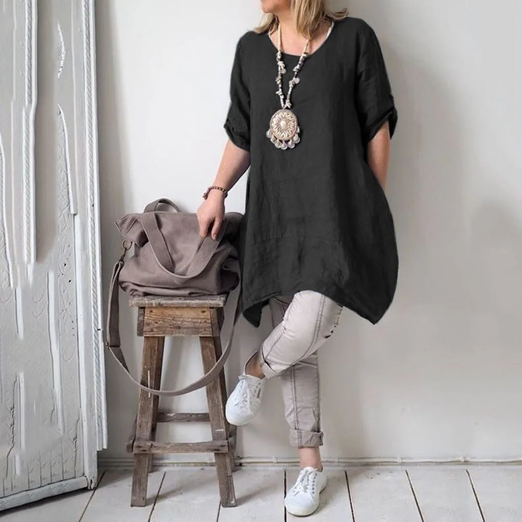 

Feitong Plus Size Cotton Linen Dress Women Solid Color Loose Casual Dresses Summer Style Feminino Vestido Ladies Party Dress