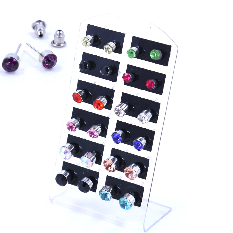 

Factory Hot Selling Cute 4mm 5mm 6mm Mixed Shining Rhinestone Iron Stick Stud Earrings Cheap Crystal Ear Studs 12pair/lot