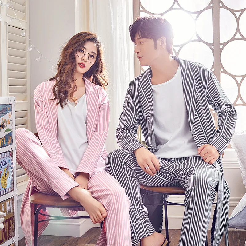 

Winter Man Pajamas Striped long-sleeved couples home clothing 3-piece set women's Nightwear Cotton Solid cardigan sleepwear