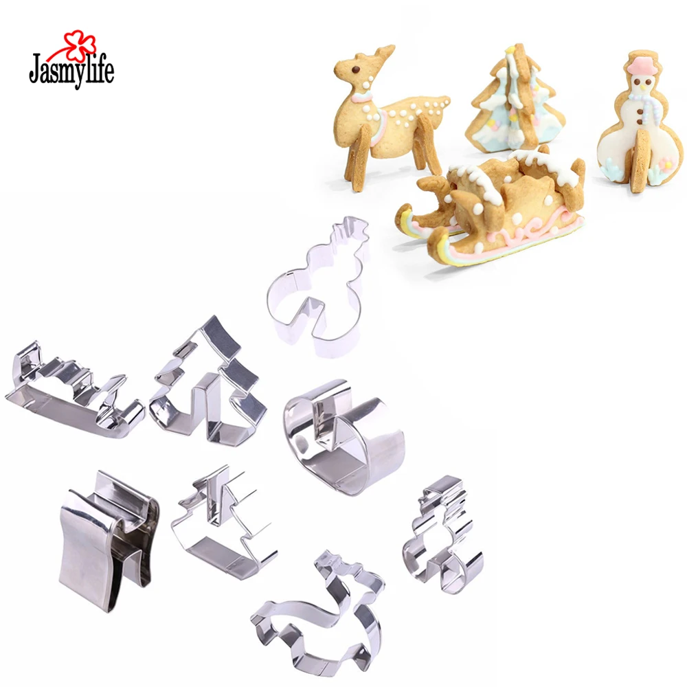JASMYLIFE 8 Pcs 3D Christmas Scenario Cookie Cutter Set Cake Decoration Stainless Steel Biscuit Mould Baking Tools | Дом и сад