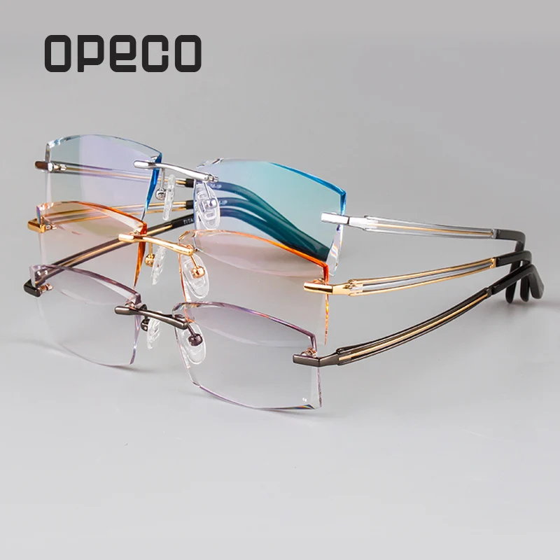 

Opeco men's optical pure titanium Diamond Trimming Cutting Rimless Eyeglasses Prescription Optical Glasses Frame for Men Eyewear