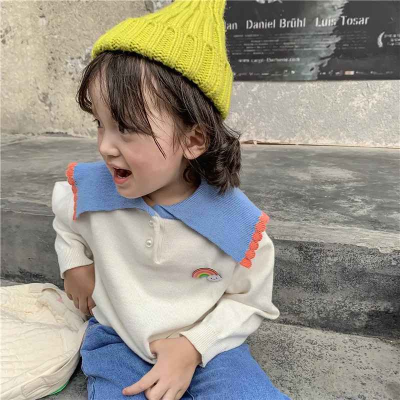 

Autumn Winter baby girls fashion big turn-down collar long sleeve sweaters kids warm striped sweater