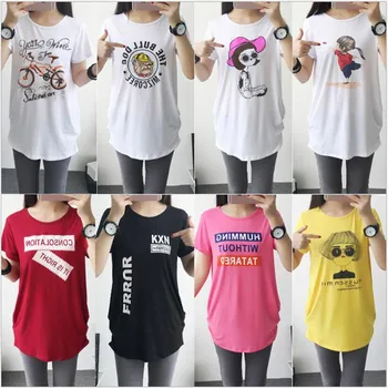 

200p!2017 Plump Woman&Girl Show Thin Loose Long-Style T-Shirt,O-Neck Silk Cotton Cute Print Short Sleeve,Soft Smooth,Big Yards