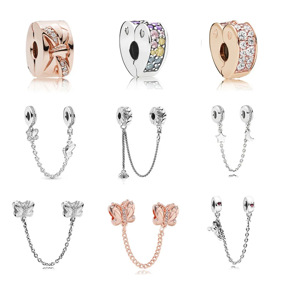 

New Silver Plated Bead Charm bow knot Heart Mickey Safety Chain Rose Gold Beads Fit Women Pandora Bracelet Bangle DIY Jewelry