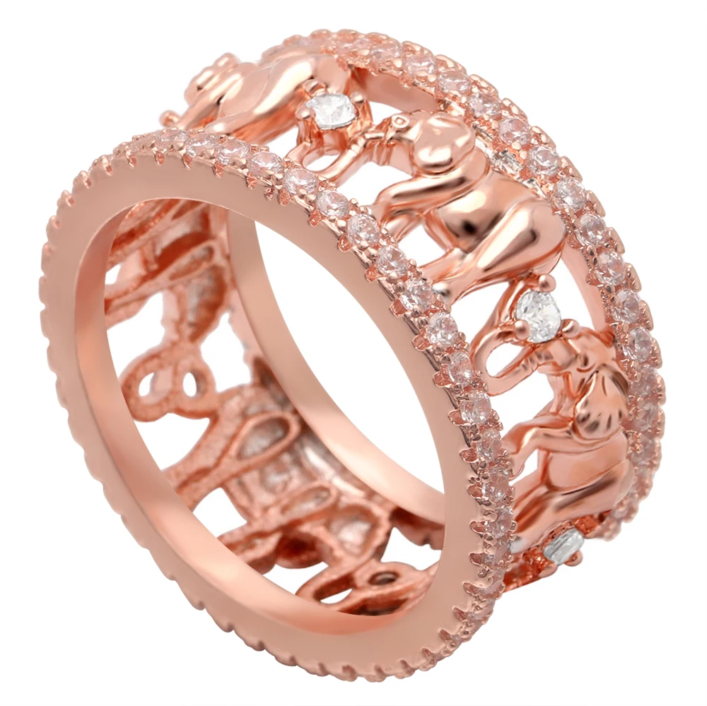 

Lucky 3D Elephant Ring Jewelry Rose Gold Color Cute Cubic Zirconia Animal Wedding Bands Party Cocktail Ring For Women Men Gift