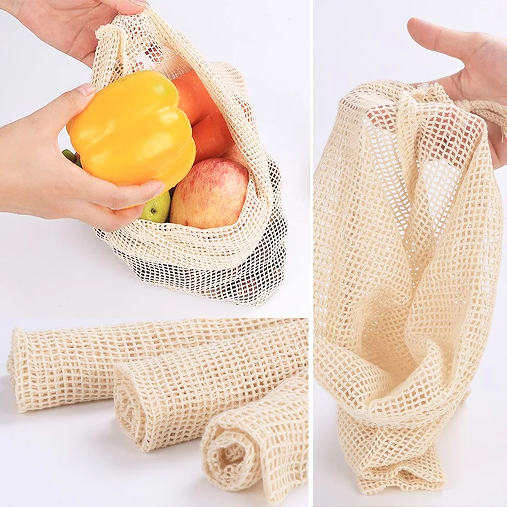 

Natural Cotton Reusable Bag For Vegetable Organic Cotton Produce Bag String Cotton Mesh bags Vegetable Storage Fruit Bags