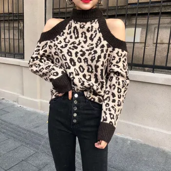

Korean Fashion Sexy Cold Shoulder Turtleneck Sweater Women Autumn Winter Knitted Off Shoulder Leopard Sweater Pullovers Knitwear