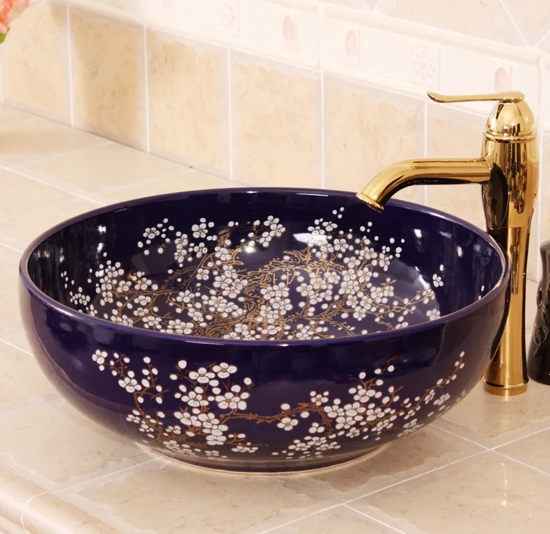 China Painting Sapphire blue golden plum flower Ceramic Painting Round