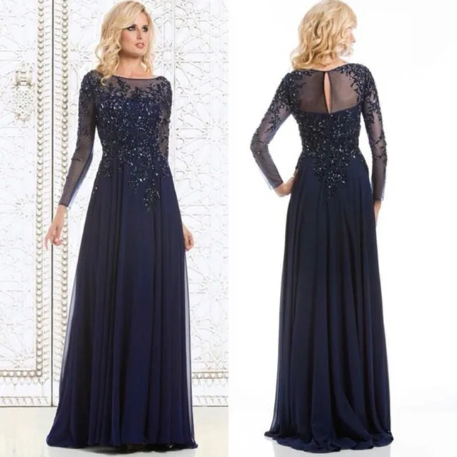 

Dark Navy Long Sleeve Mother Of The Bride Dresses 2019 robe mere de la mariee Sheer Illusion Formal Women Party Dinner Dress