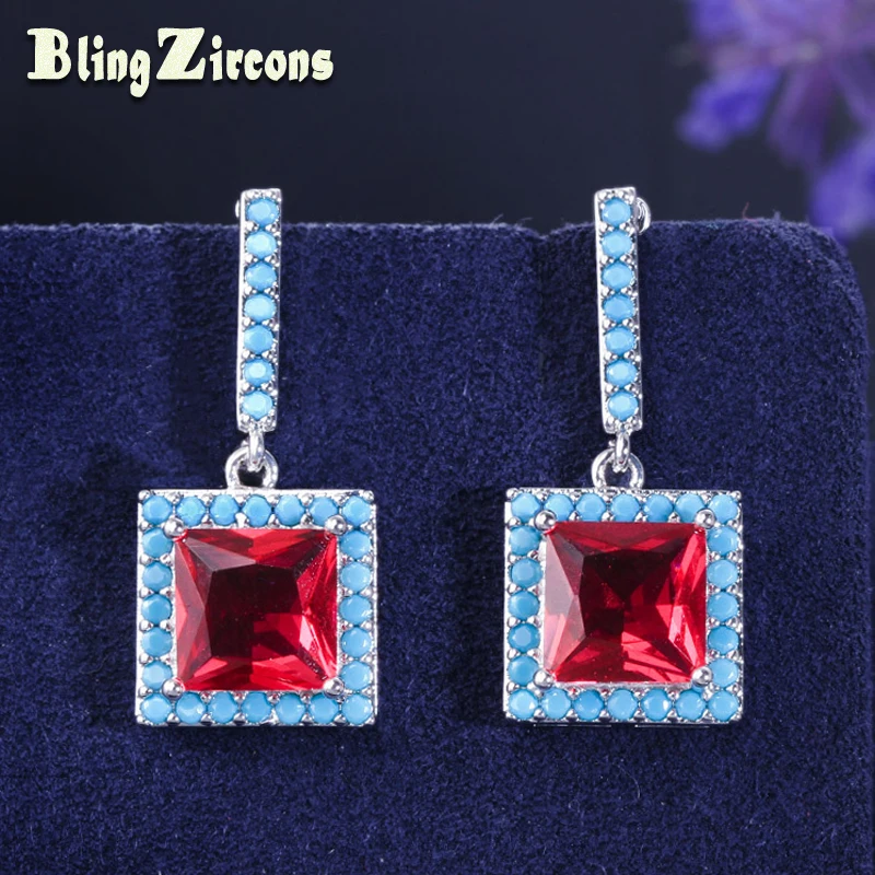 BlingZircons Мода светло синий циркониевый камень проложили Принцесса Cut Красный