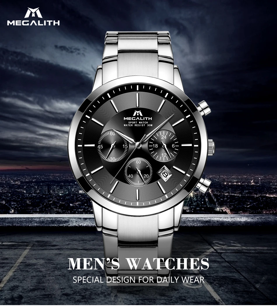 MEGALITH мужские часы Топ бренд Роскошные Кварцевые часы водонепроницаемые аналоговые часы с хронографом для мужчин часы Relogio Masculino