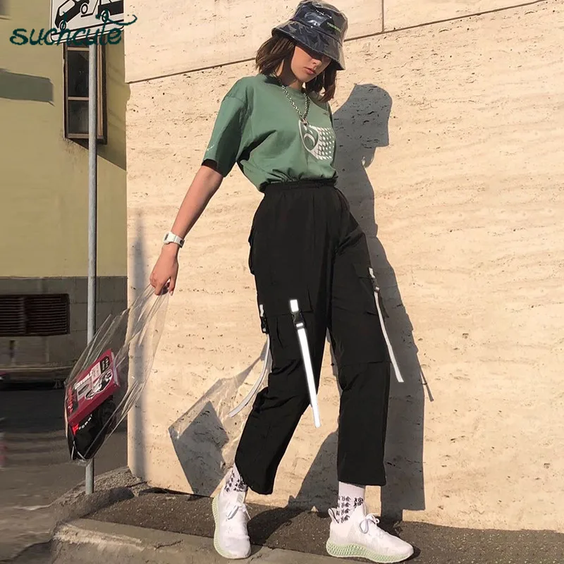 

SUCHCUTE Women's Pants Punk In a Cargo For Women Button Reflective Patchwork Trousers Sweat Pant Gothic Breeches Feminine Jogger
