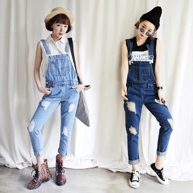 salopette nieuwe vrouwen hoge kwaliteit denim tuinbroek gaten jeans