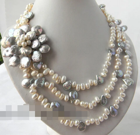 

hot sell new - HOT2772 3Strands 18'' White Gray Baroque Freshwater Pearl Coin Pearl Flower Necklace