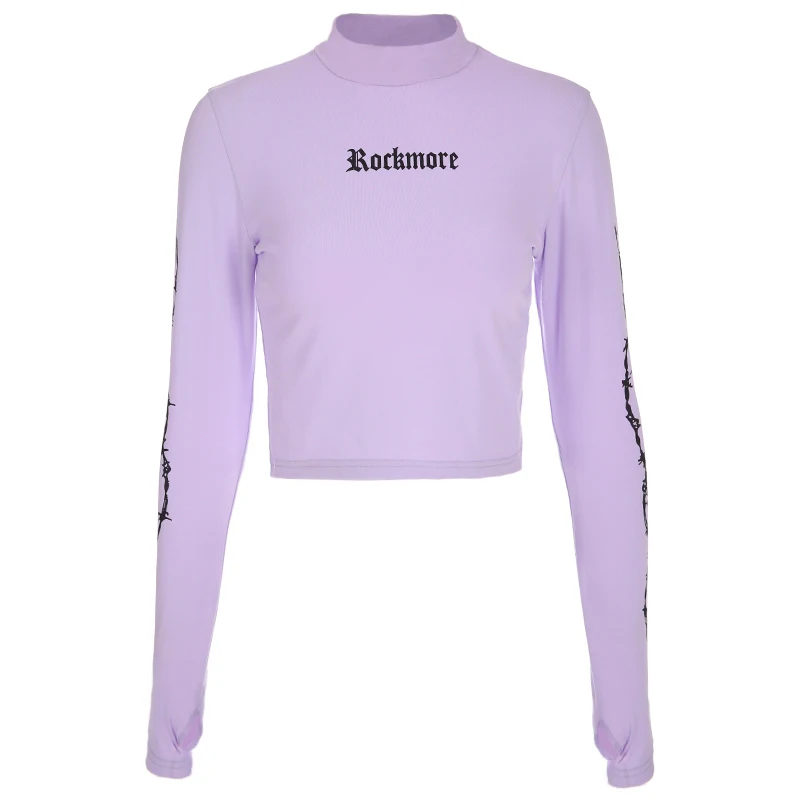 Осенне-зимние топы с длинным рукавом, женские уличные хлопковые футболки с высоким воротником, женские тонкие короткие футболки с буквенным принтом, женские футболки - Цвет: Lavender