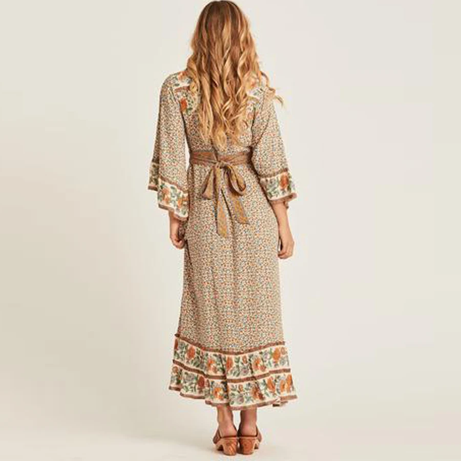 TEELYNN Gypsy Макси женские платья цвета хаки из вискозы с цветочным принтом летние платья сексуальное с v-образным вырезом с регулируемым поясом бохо платье vestidos