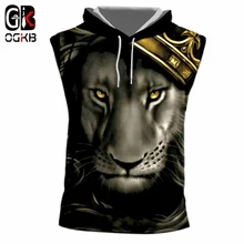 OGKB Crown Lion King Printed 3D Tank Top With Hood Men Women Hiphop Punk Bodybuilding Fitness Casual Sleeveless Shirts Hoody 7xl