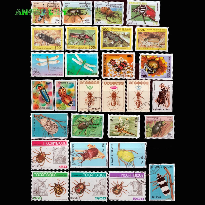 

Insects , 50 PCS/LOT , All Different NO repeat Unused With Post Mark From the World Postage Stamps For Collecting
