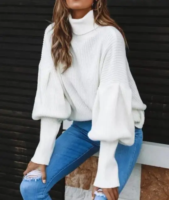 Autumn Winter Women Sweaters Long Lantern Sleeve Female Casual Knitted Pullover Solid Color High Neck Cotton Clothes Loose | Женская