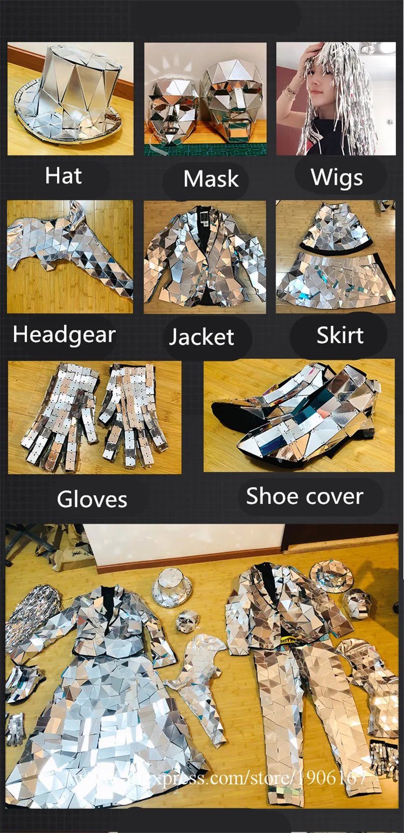 Hand sewing COS nightclub ds performance art set silver mirror face clothes irregular lens stitching dress4