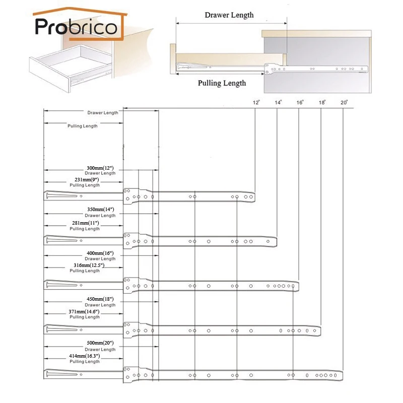 Probrico 2 пары выдвижных ящиков клавиатуры DSMH102-20 Сталь белая Длина 500 мм 2" мебельный шкаф кухонный шкаф выдвижные ящики