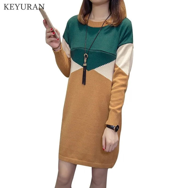

Stitching Color Maternity Nursing Sweater Dress Autumn Winter New Pullover Knitted Pregnant Clothes Women Breastfeeding Clothing
