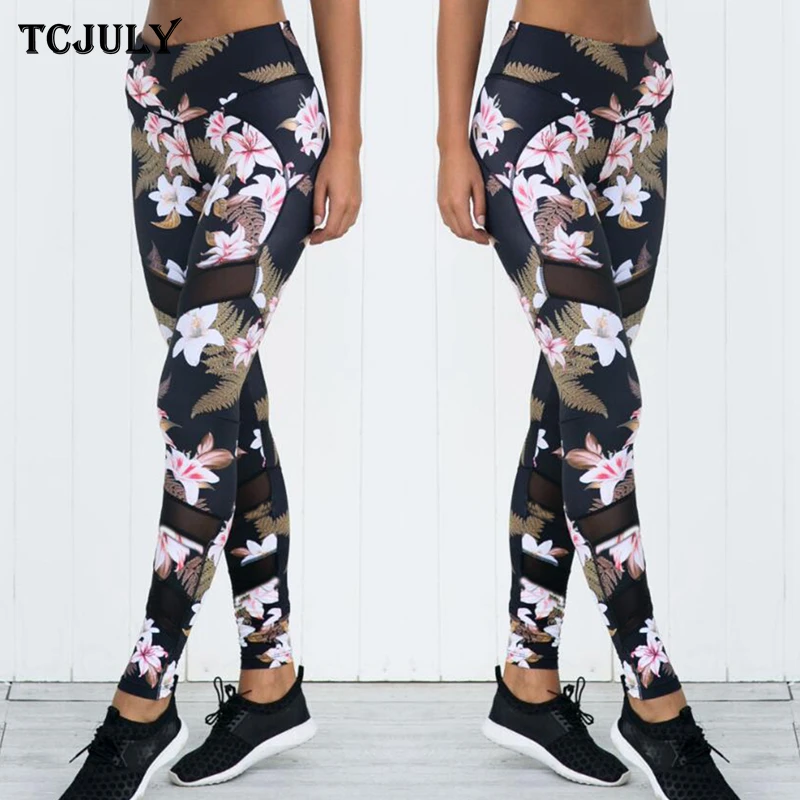 

TCJULY Hot Peach Blossom Patterns Printed Mesh Leggings High Waist Slim Push Up Workout Pants Stretch Flex Fitness Leggins Women