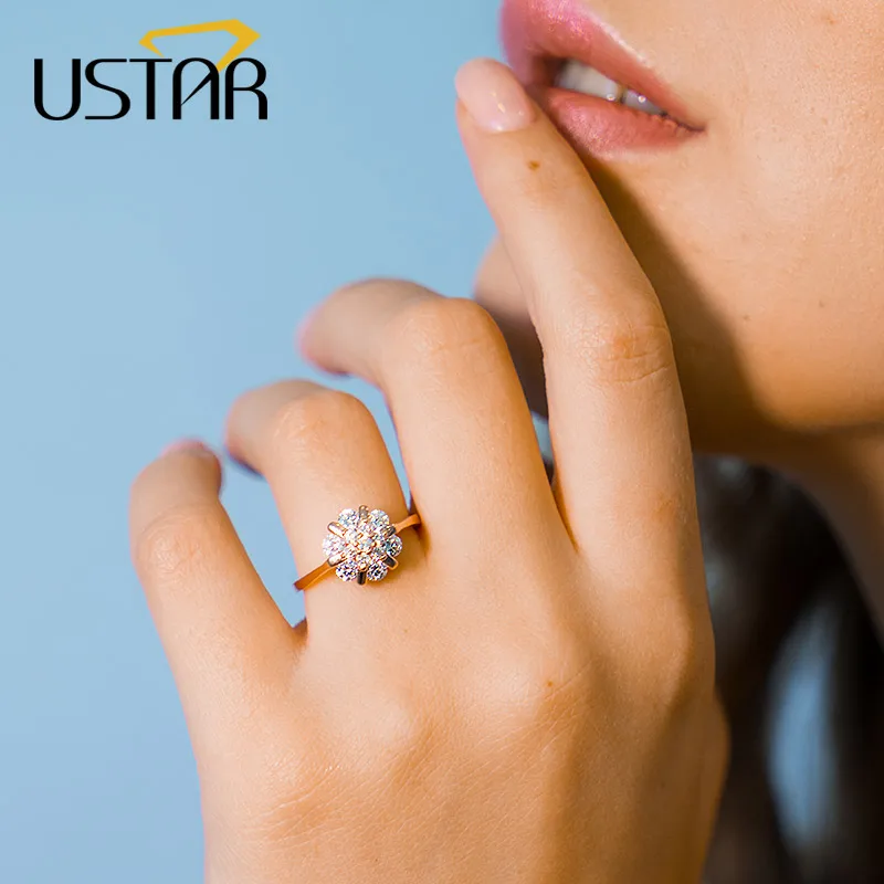 USTAR Flower Zircon wedding Rings for women jewelry Austria Crystals Rose Gold color engagement Rings Female Anel bijoux gift