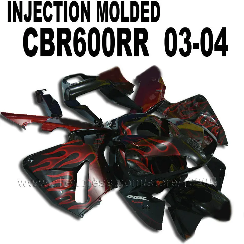 

Moto Injection Molding road fairings kit for Honda CBR600RR 2003 2004 CBR 600 RR 03 04 red flame in black ABS fairing parts