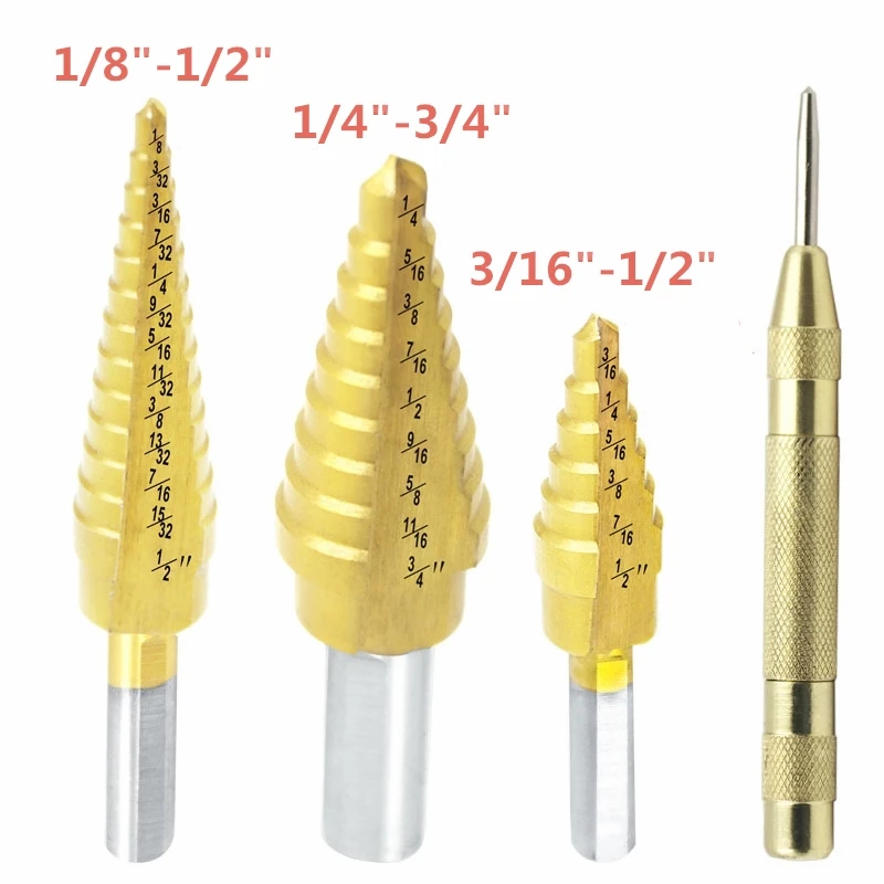 Step Drill Bit Set Two-Fluted Smoother Cutting With Automatic Center Punch