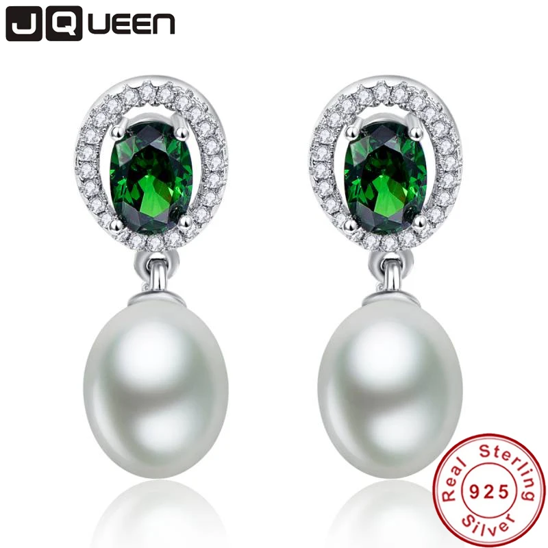 

925 Sterling Silver Oval Cut Emerald Earrings 4.7Ct Fresh Water Pearl Elegant Earrings for women